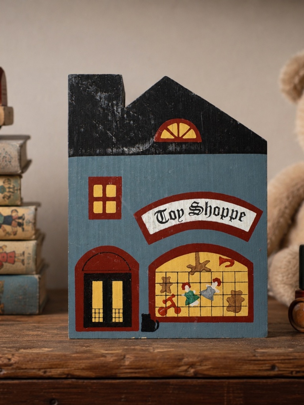 Vintage 1983 The Cat’s Meow Toy Shoppe Wooden Shelf Sitter Folk Art Building